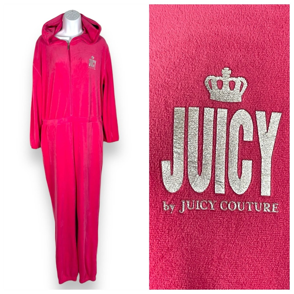 Juicy by Juicy Couture Pink Velour Hooded Jumpsuit Y2K 90s SOFT Comfy Sz L